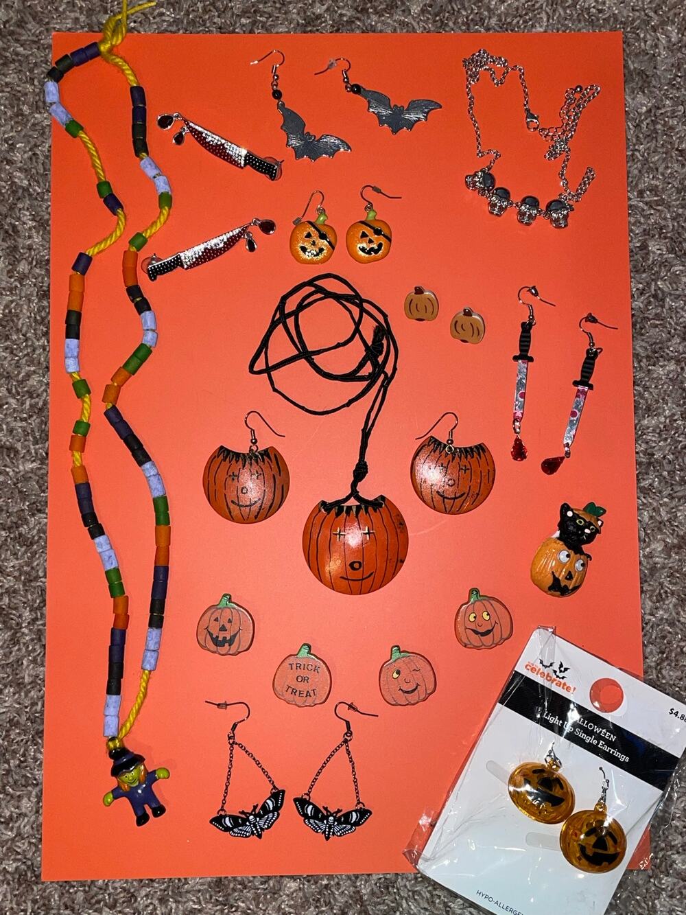 Halloween Costume Jewelry Lot Pumpkin Skull Bat Knife Witch Earrings Necklace